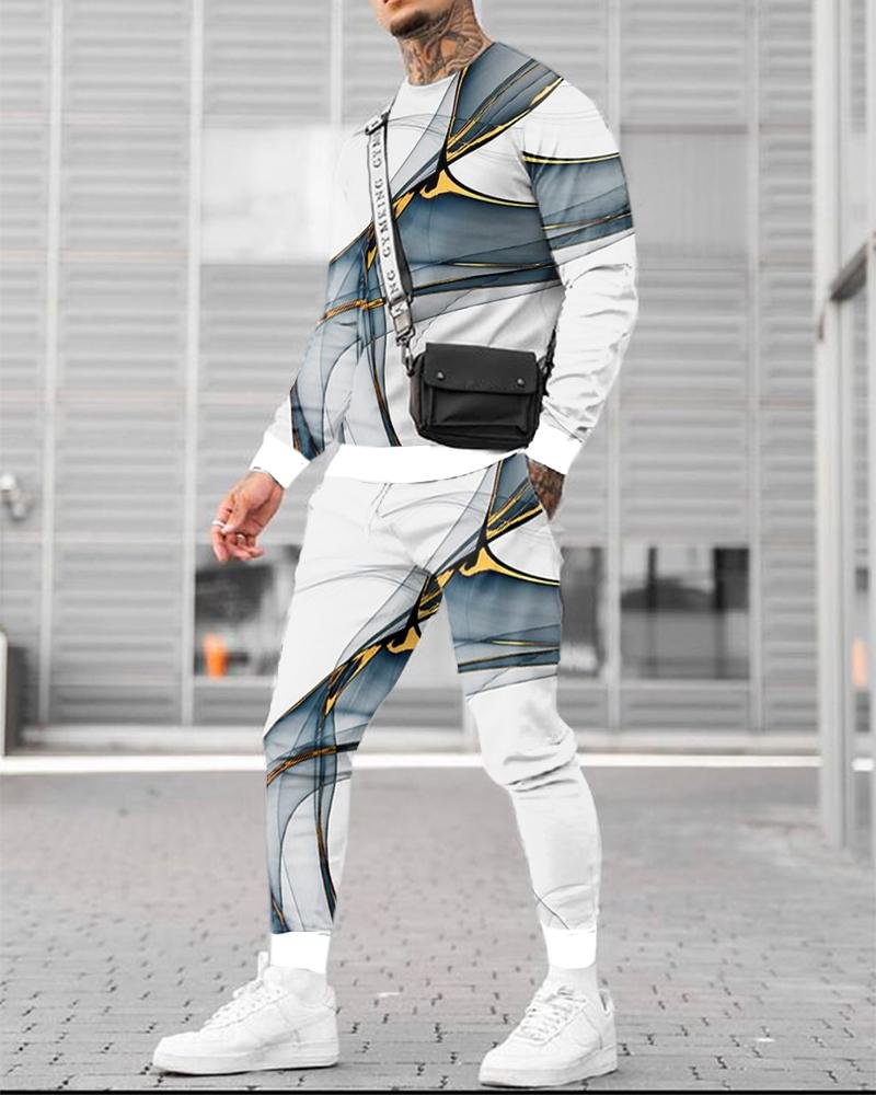 Men's Casual Blue Abstract Printing Long-sleeved Suit
