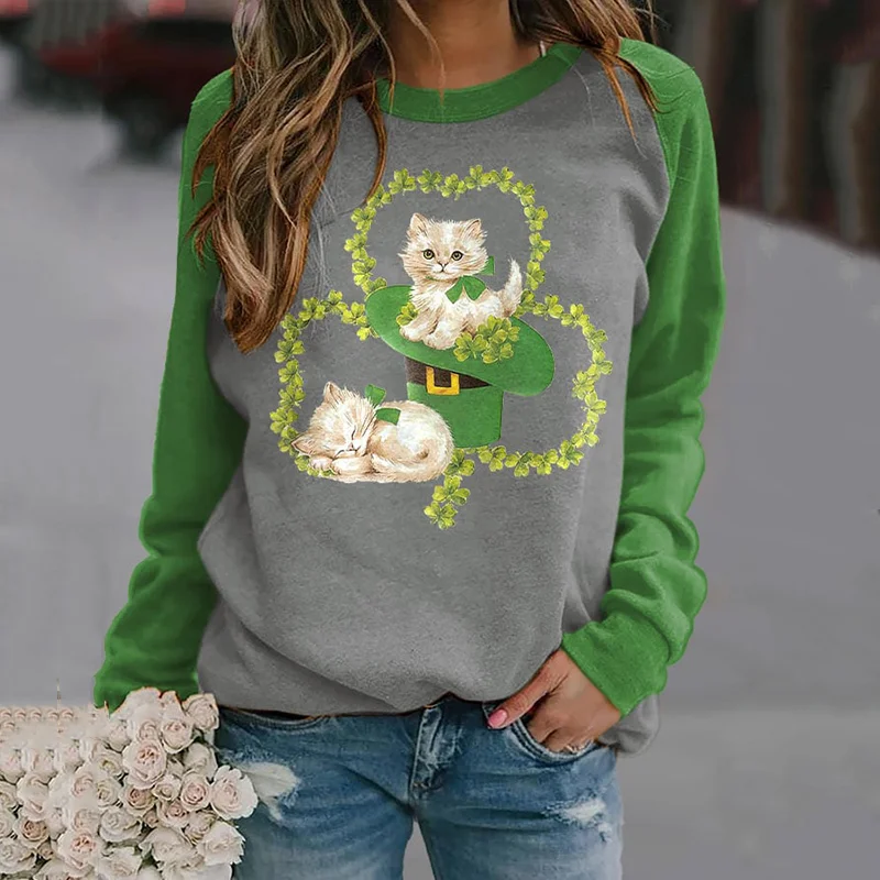 Women's Cat Clover Print Round Neck Long Sleeve Sweatshirt