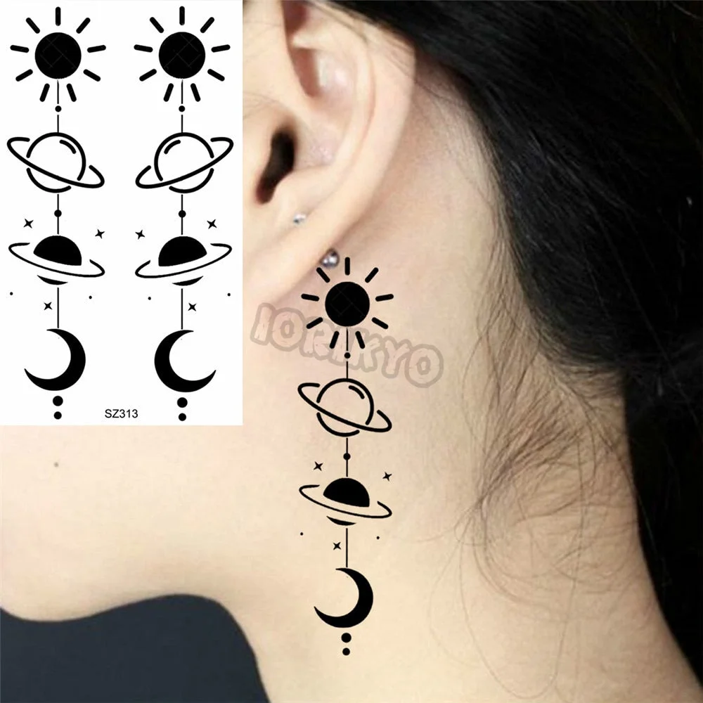 Black Pencil Sketch Henna Lotus Temporary Tattoos For Women Girls Realistic Planet Dandelion Fake Tattoo Sticker Back Arm Tatoos