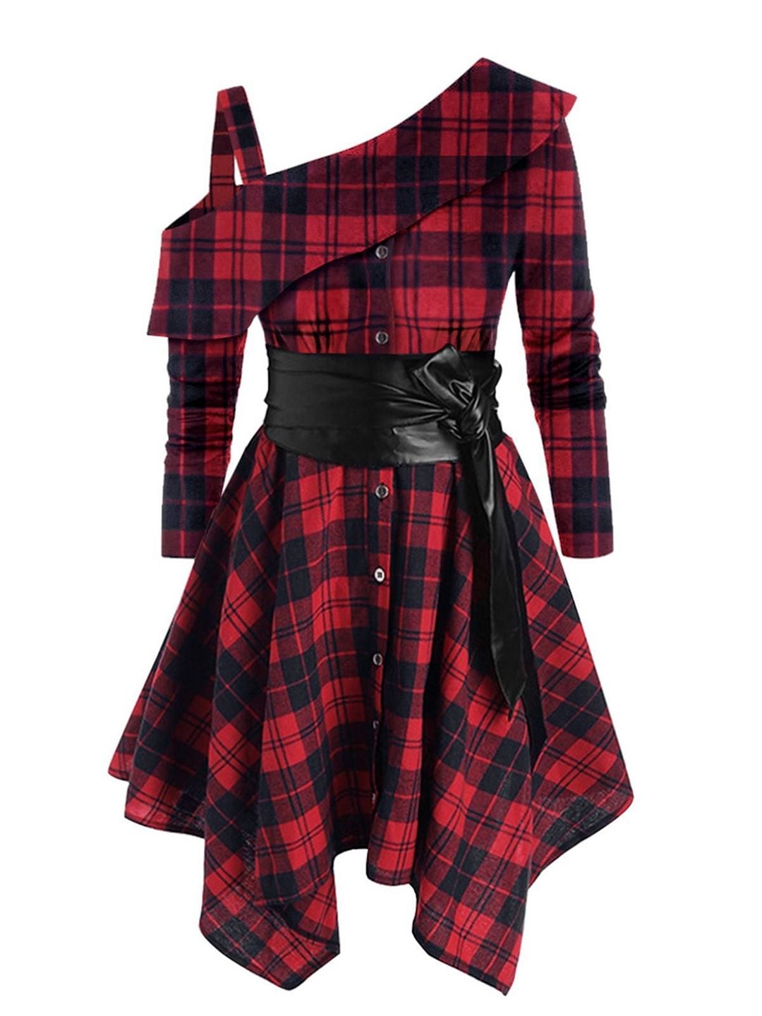 1950s Plaid One-shoulder Belt Dress