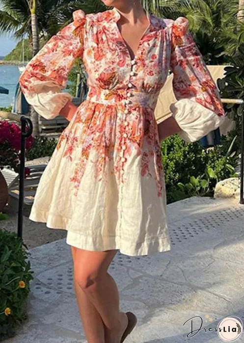 New Beige Print Button Cotton Shirts Dress Long Sleeve