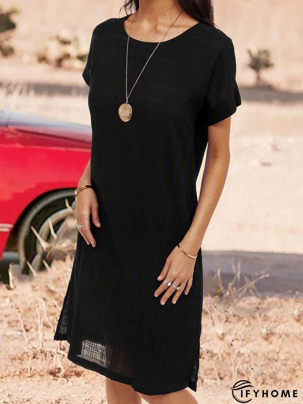 Soft Short Sleeve Cotton-Blend Casual Round Neck Knitting Dress | IFYHOME