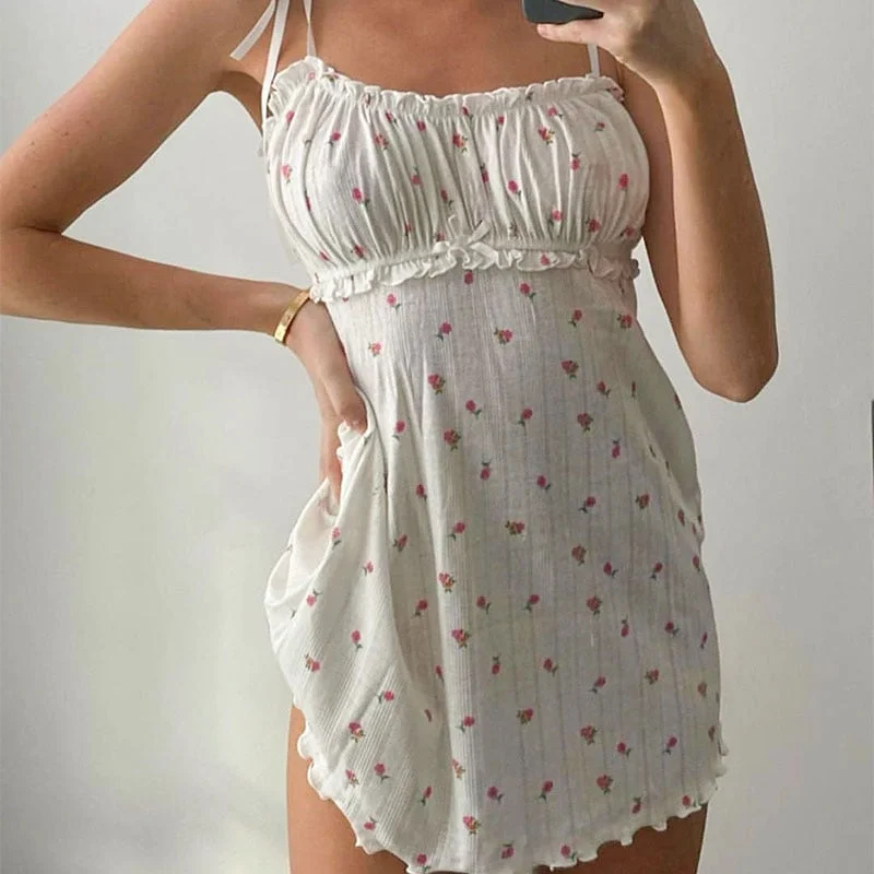 HEYounGIRL Floral Printed Sleeveless Spaghetti Strap Dress Summer White A Line Short Dresses Ladies Ruched Tie Up Casual Dress