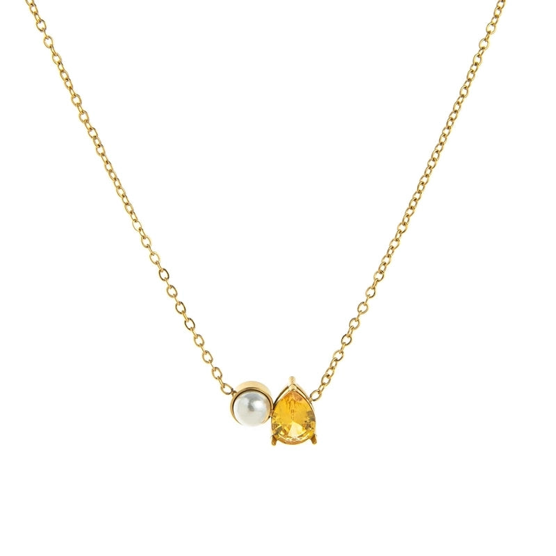 Retro Shiny Water Droplets Titanium Steel Pearl Zircon 18K Gold Plated Inlay Necklace