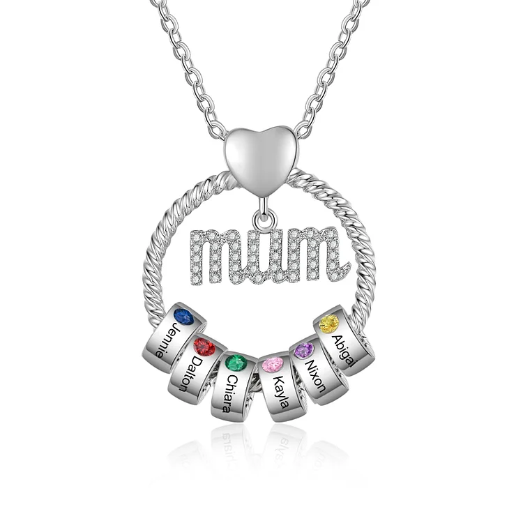 6 Names-Personalized Circle Necklace With 6 Birthstones Pendant Engraved Names Gift For Mum