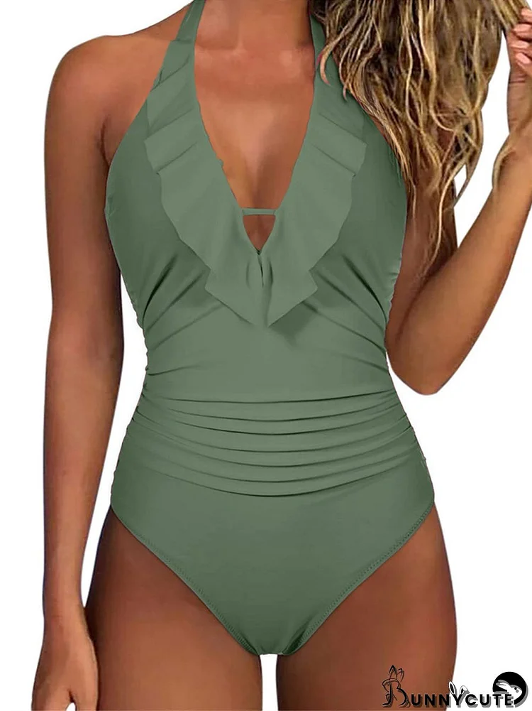 Solid Lace-up Ruffles Halter One Piece Swimwear