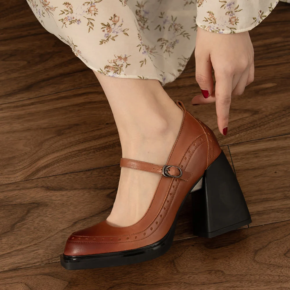 Brown Vegan Leather Closed Toe Platform Loafers With Chunky Heels Nicepairs