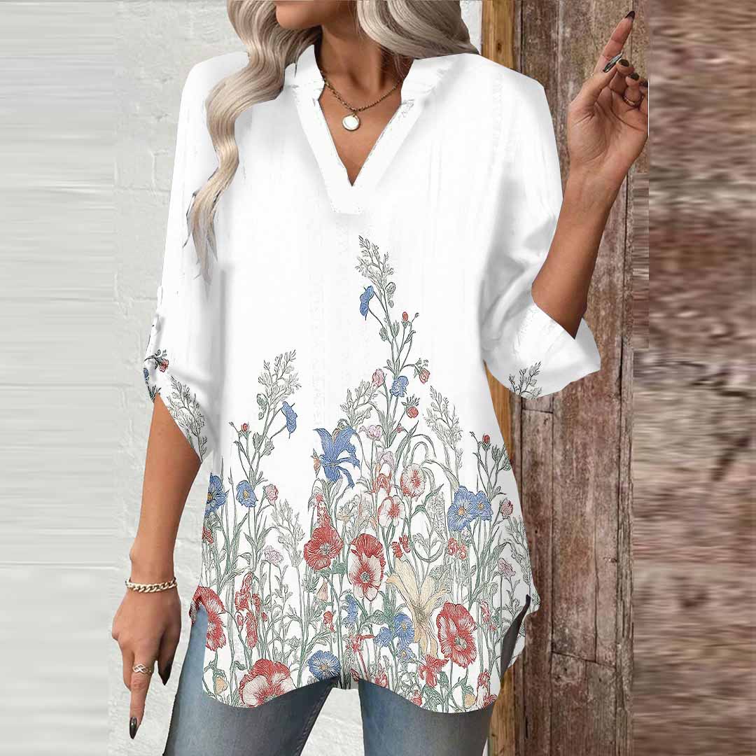 Women Floral, Red, Colorful DZGA0562 3/4 Sleeve V-neck Printed Graphic Button Tops