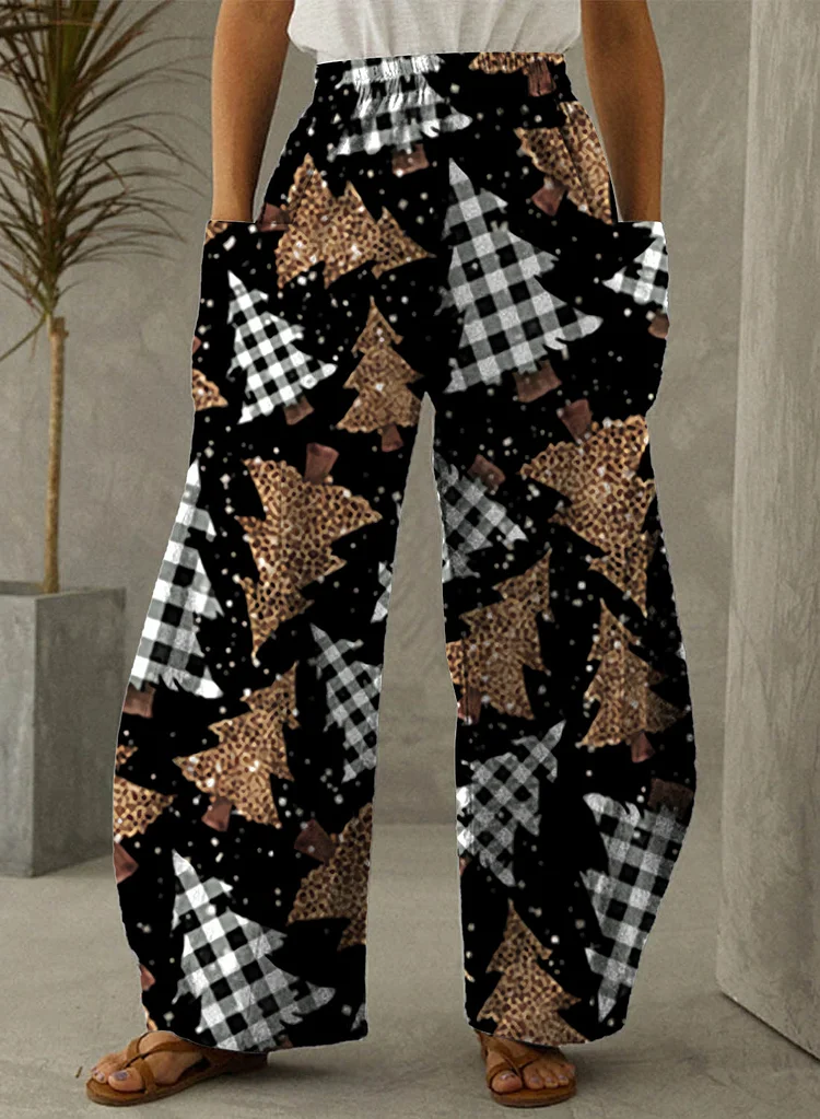 Christmas Tree Brown Print Vintage Casual Loose Pants