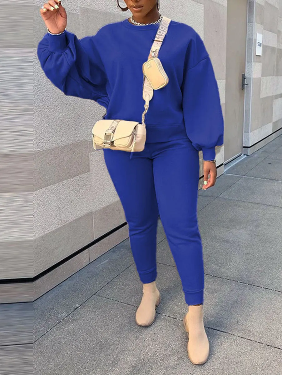 Casual Solid Patchwork O Neck Long Sleeve Two Pieces