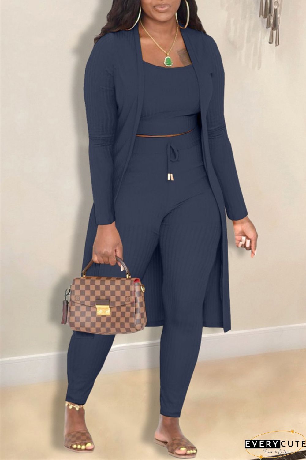 Casual Solid Cardigan Vests Pants Long Sleeve Three Piece Set