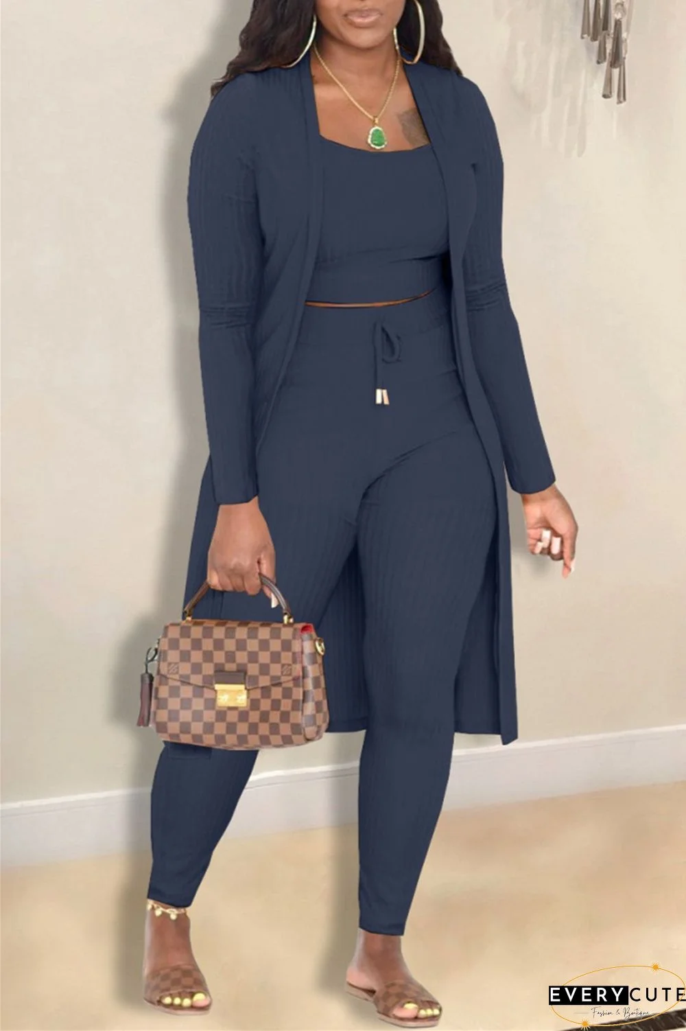 Casual Solid Cardigan Vests Pants Long Sleeve Three Piece Set