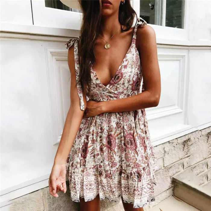 Bohemian Vacation Sleeveless V-Neck Floral High Waist Mini Dress