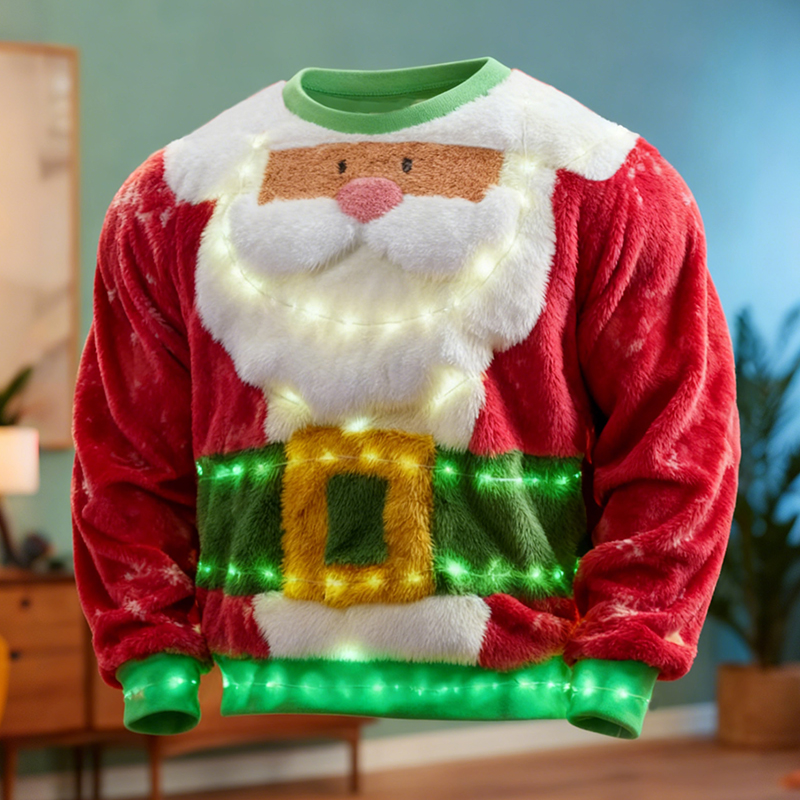 Men's Fun Christmas Santa Claus And Colorful Lights Color-blocked Crew Neck Plush Sweatshirt elevenforest