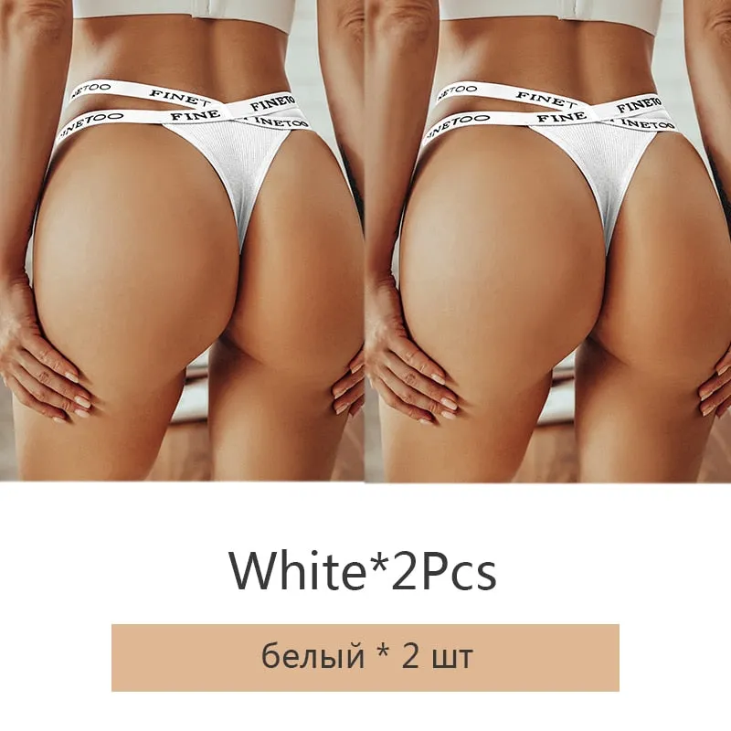 FINETOO 2Pcs/set Sexy Thongs Women Cotton G-string Panties Letter Bikini Underwear Girls Cross Belt Low-rise Underpants Lingerie