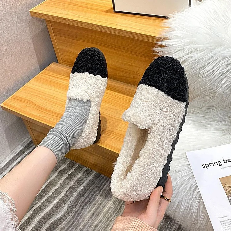 Furry Outer Wearing Flats Loafers Contrasting color design Backless  Wild Fluffy Flat Mules Warm QueenFunky