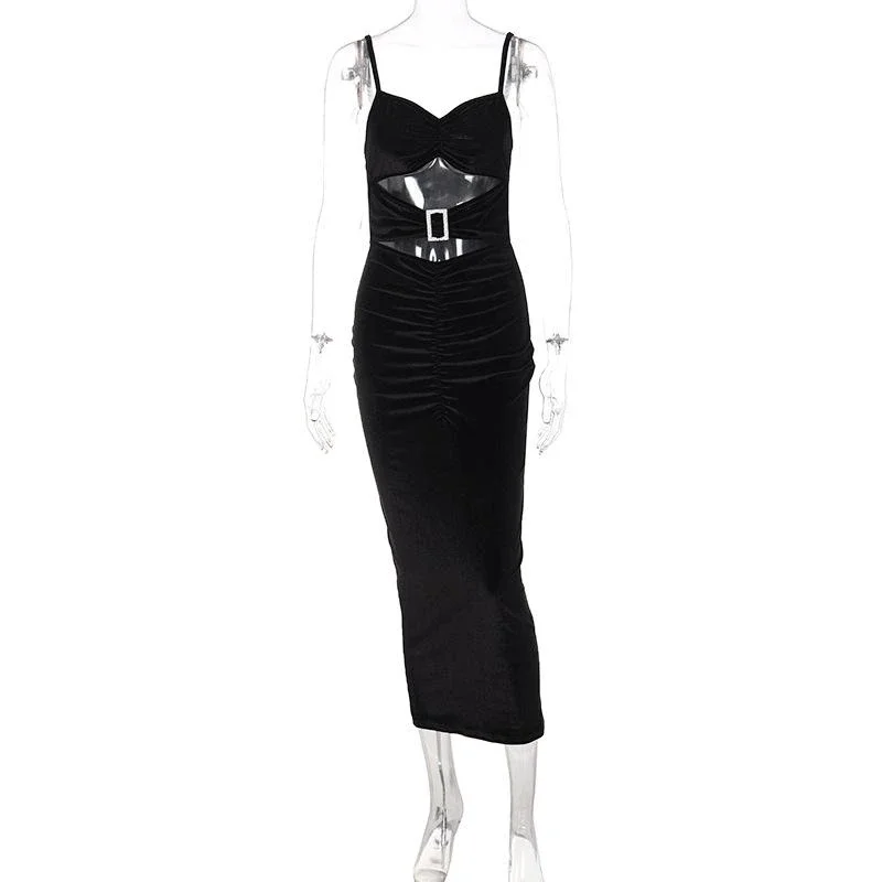Waist hollow ruched solid evening dress-zachics