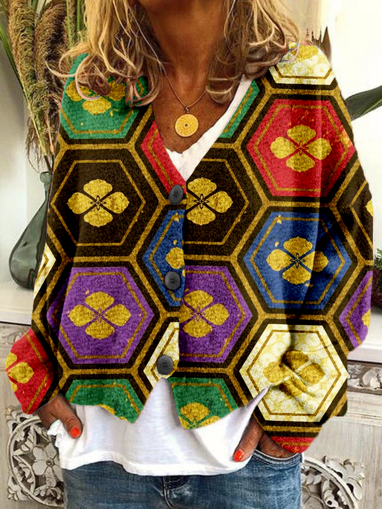 Traditional Japanese Pattern Cozy Button Cardigan wearshes
