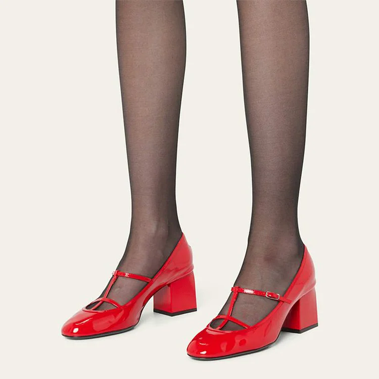 Red T-Strap Buckle Pumps Women'S Round Toe Patent Shoes Vintage Block Heels |FSJ Shoes