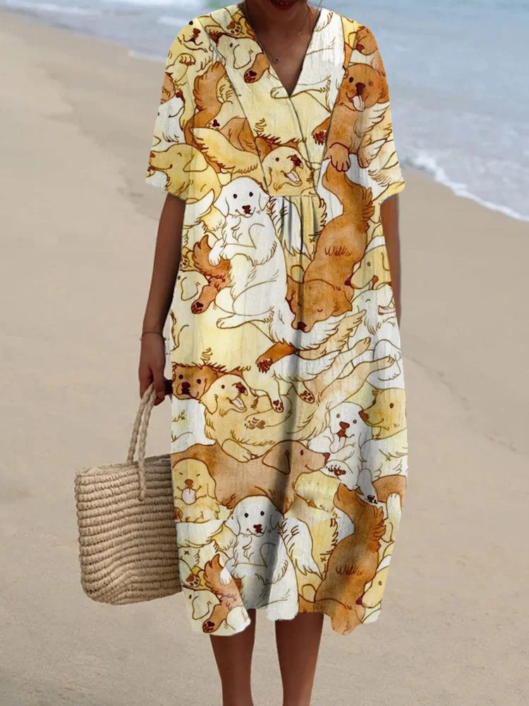 Elegant Cute Puppy Printed Women's Casual Cotton And Linen
