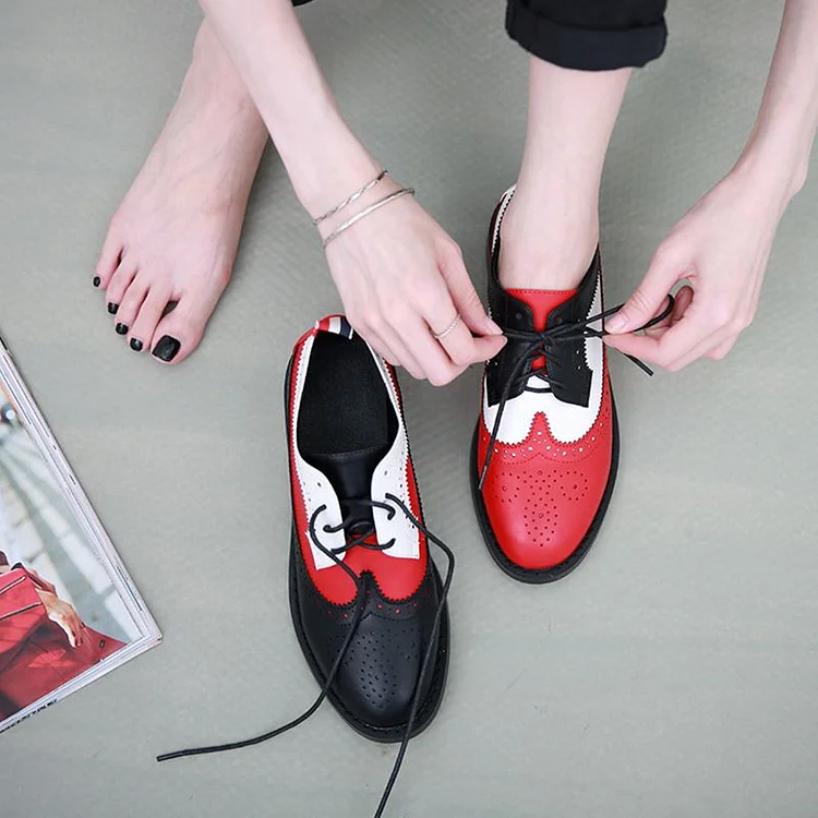 Women's Oxfords Patch-color Lace-up Comfortable Flats Vintage Shoes |FSJ Shoes