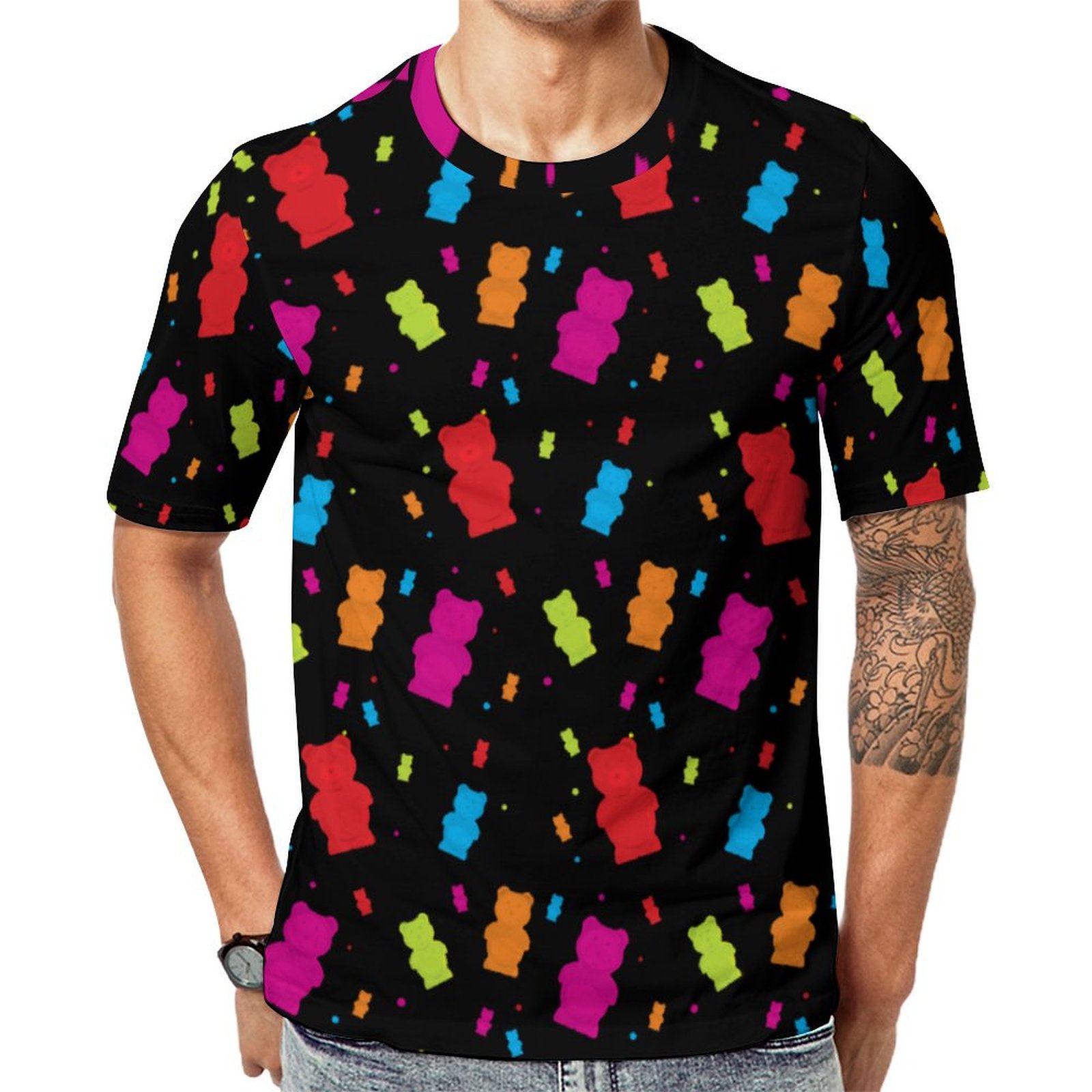 Illustrated Colorful Gummy Bear Candy Short Sleeve Print Unisex Tshirt Summer Casual Tees for Men and Women Coolcoshirts