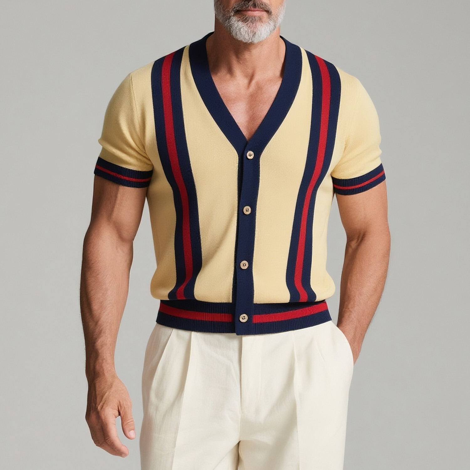 Men's Contrast Stripes V Neck Single Breasted Short Sleeve Shirt