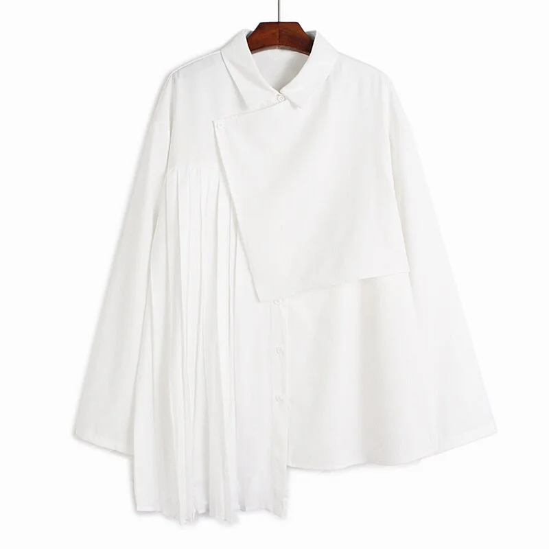 Toloer Toloer Women Black Irregular Pleated Big Size Blouse New Lapel Long Sleeve Loose Fit Shirt Fashion Spring Autumn 2023 1DE7242 1127-1-Outfit Ideas