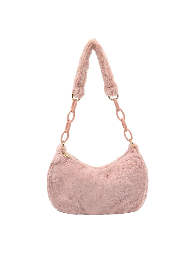 Vintage Women Winter Pure Color Underarm Bag Plush Handbags (Light Pink)