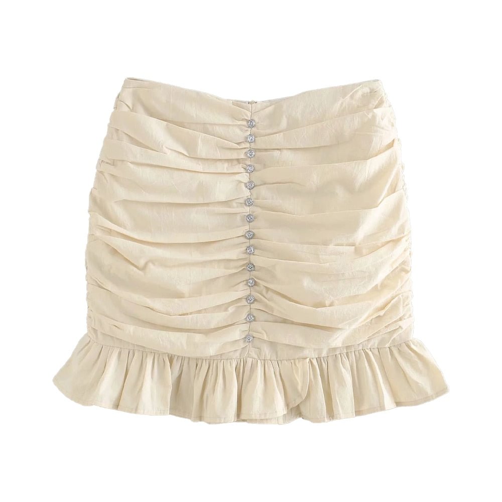 2020 New Women Skirt Draped Faux Jewelry Button High-waisted Mini Skirt Ruching detail Ruffled Hem Back zip closure skirts