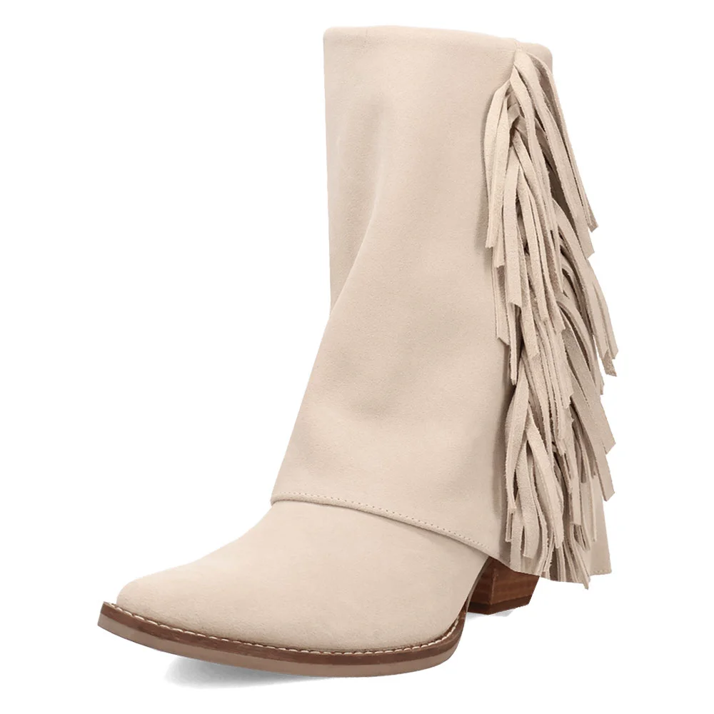 Beige Vegan Suede Chunky Heel Almond Toe Fold Over Fringe Booties