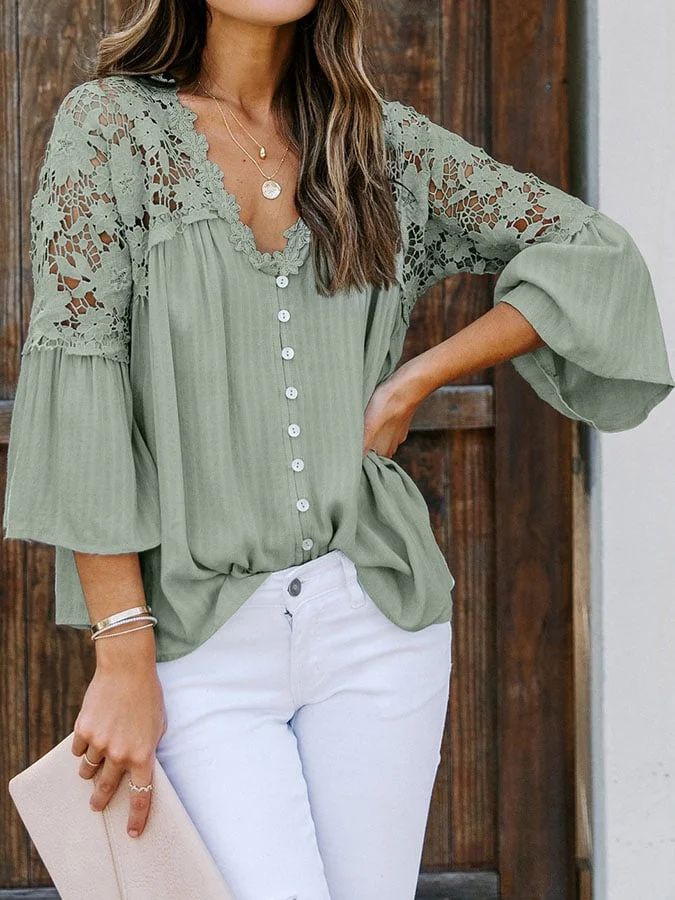 Lace Shirt Long Sleeve Solid Deep V Pullover Chiffon Shirt