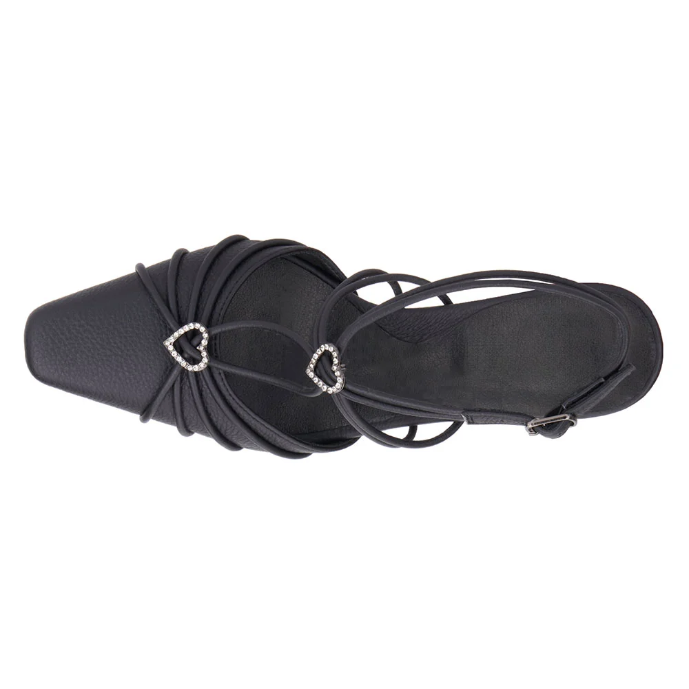 Women's Black Pointed Toe Buckled Rhinestone Heart Pumps Heels