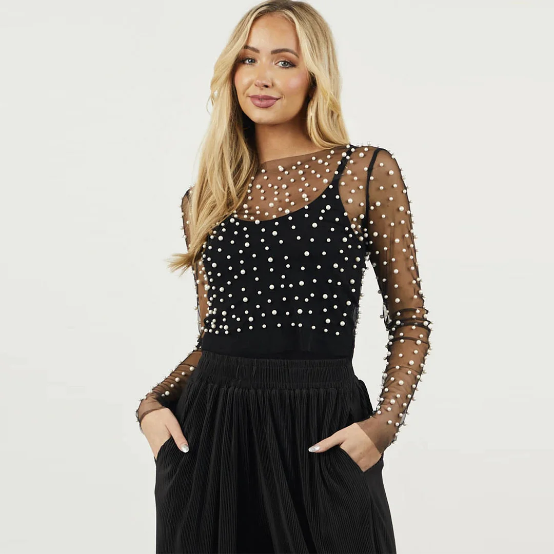 Brownm Brownm Spring And Summer Explosion Of Women's Clothing Bubble Beads Perspective Mesh Long-Sleeved Top Lady