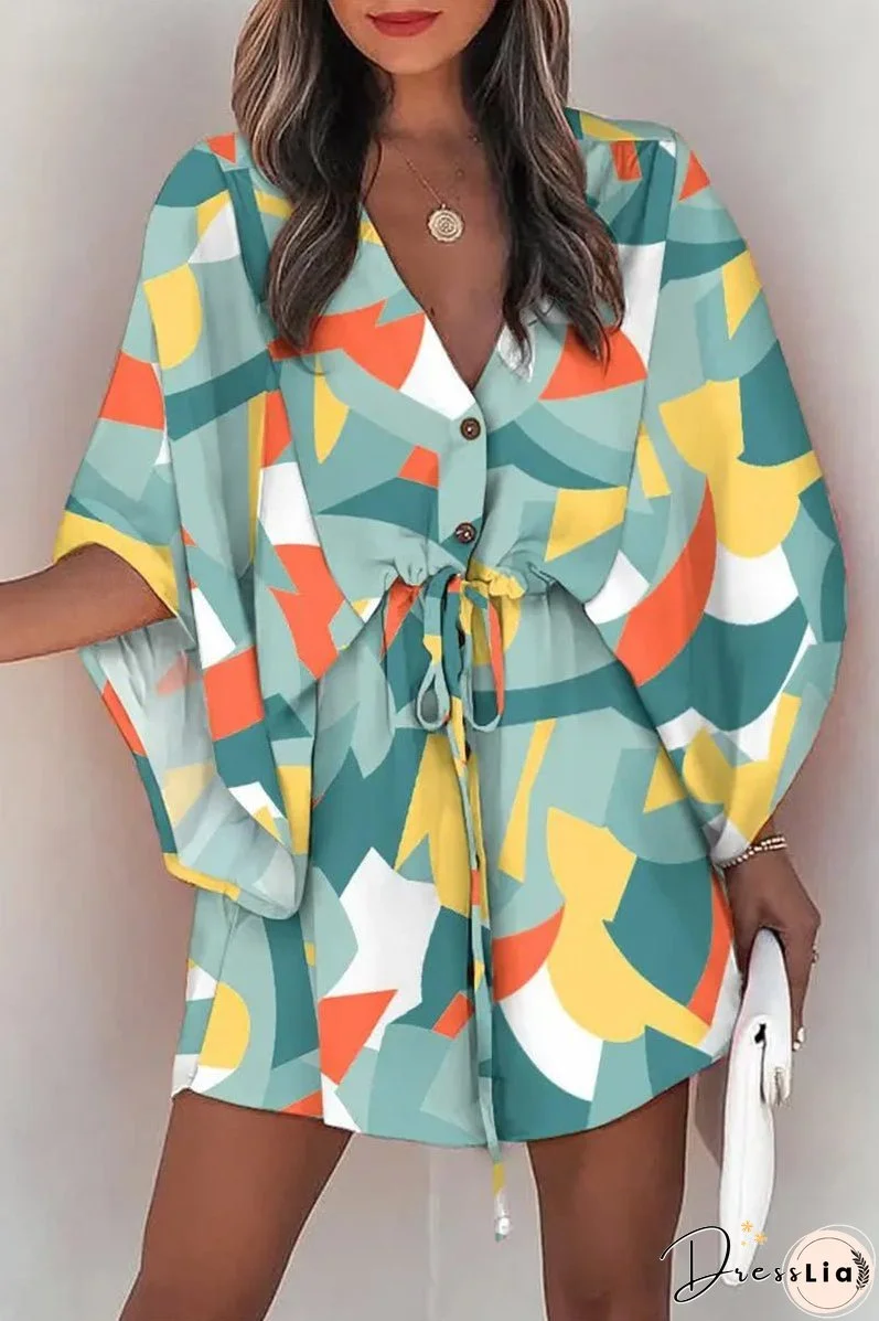 Fashion Casual Print Patchwork V Neck Dresses(12 Colors)