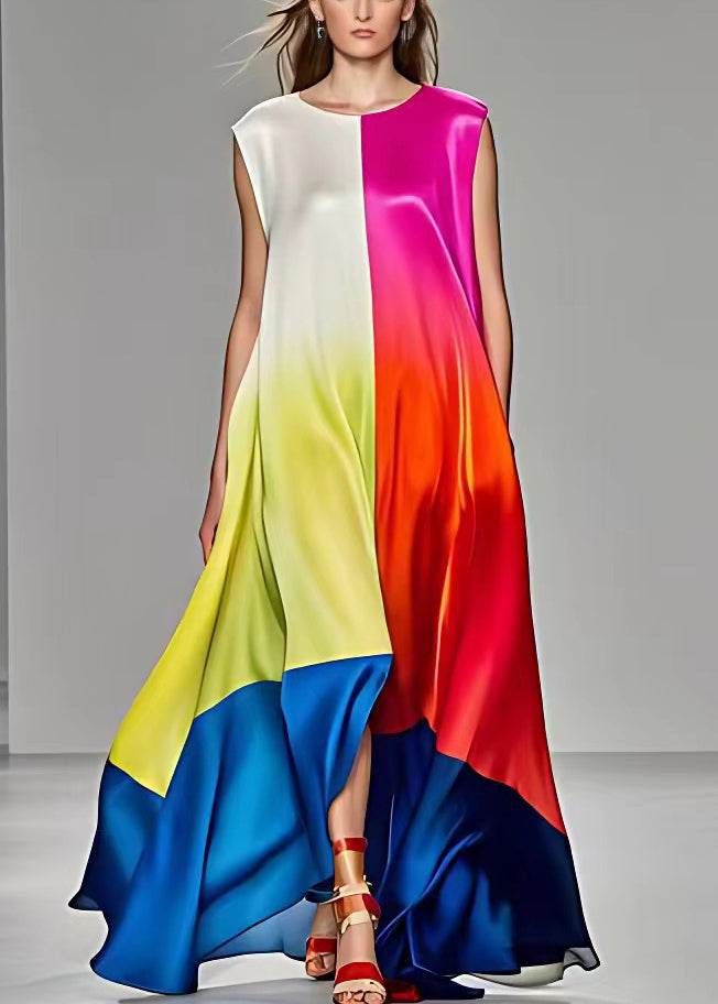VCSHOES Rose Asymmetrical Pockets Silk Long Dresses Sleeveless