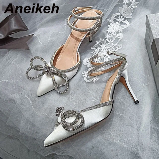 Aneikeh Spring/Autumn 2022 Women's Shoes Fashion Butterfly-Knot Narrow Band Bling Patchwork Cross-Tied Crystal Pointed Toe Pumps