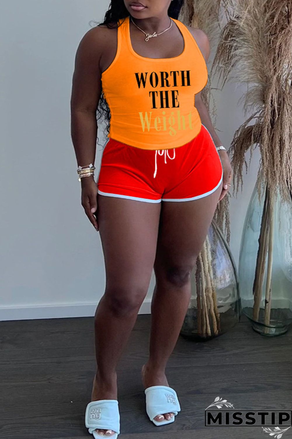 Khaki Casual Letter Patchwork U Neck Plus Size Two Pieces