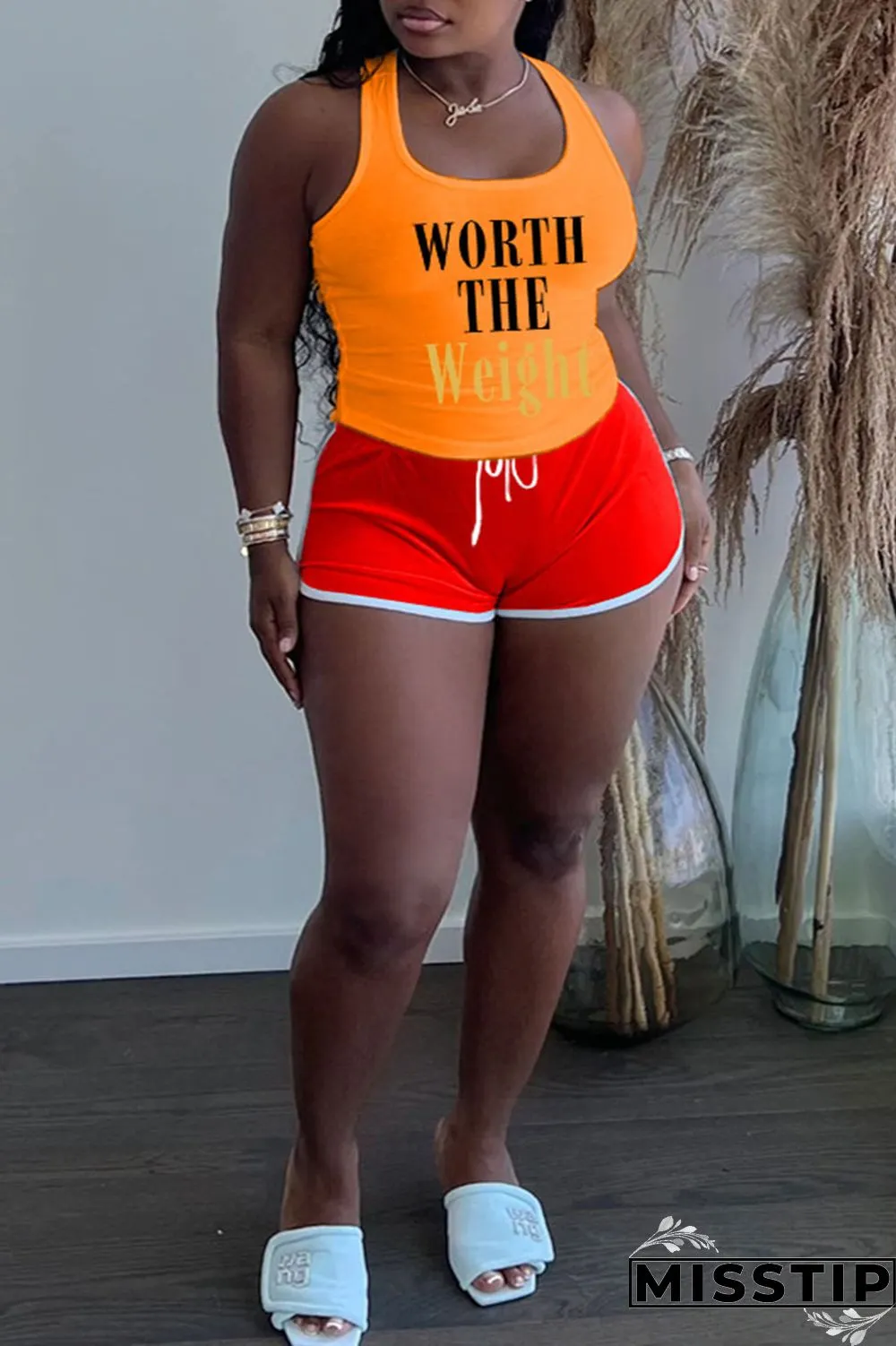 Khaki Casual Letter Patchwork U Neck Plus Size Two Pieces