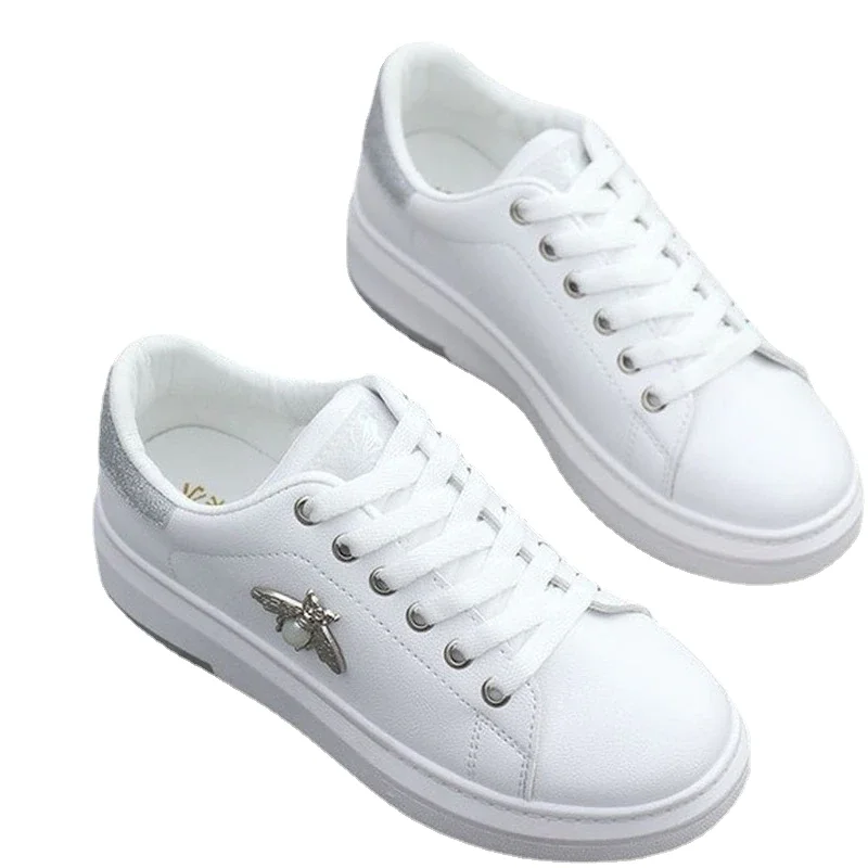 Breakj Women Casual Shoes 2022 New Women Sneakers Fashion Breathable PU Leather Platform White Women Shoes Soft Footwears Rhinestone