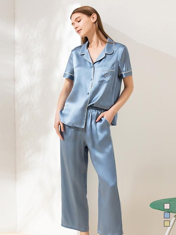 19 Momme Short Sleeves Silk Pajamas Blue Silk Pajamas