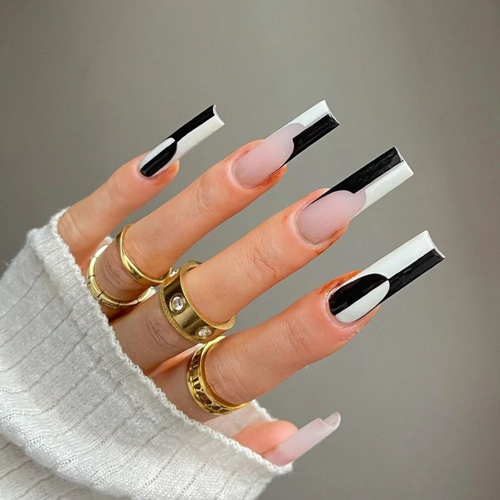 24pcs Simple Black White False Nails nails extra Long tips Artificial False Nail Coffin Ballerina Nails Press on Nails Full Tips