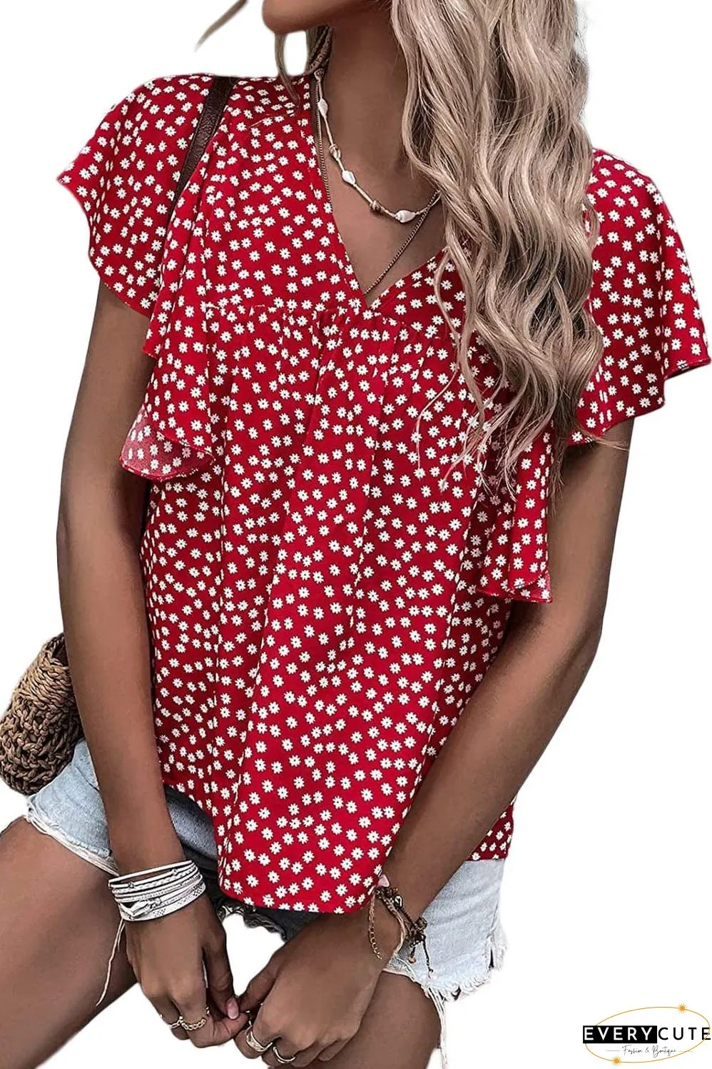 Layered Plaid Short Sleeve V-Neck Lotus Leaf Blouses
