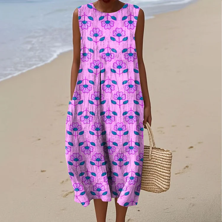 Women's Vintage Floral Art Print Sleeveless Cotton Pocket Wrap Dress