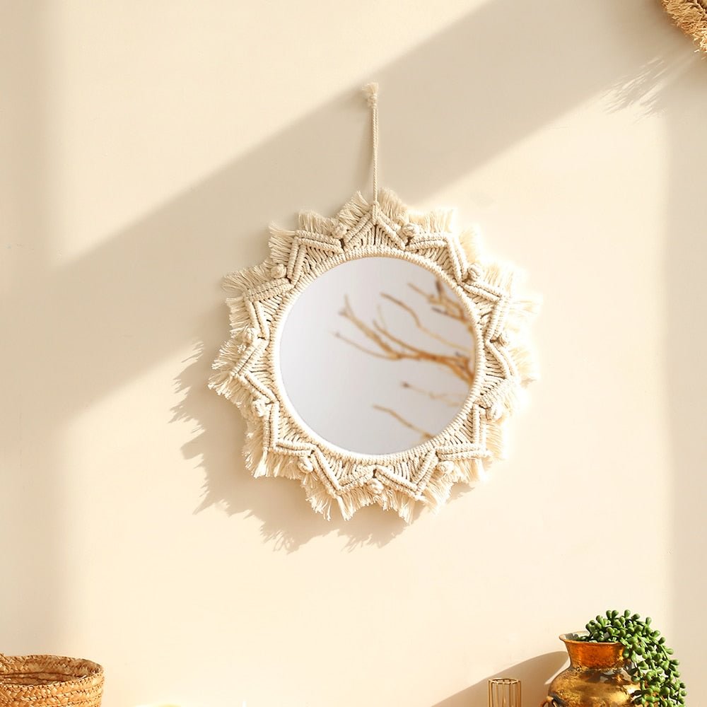 Boho Macrame Round Mirror Decorative Mirrors Aesthetic Room Decor Hanging Wall Mirror for Bedroom Living Room House Decoration