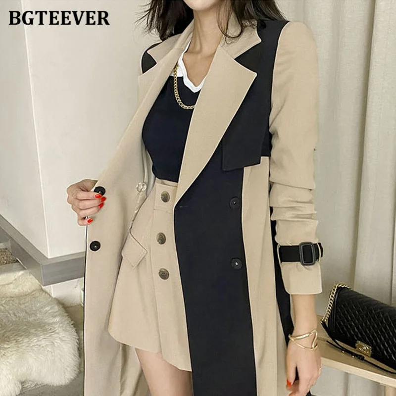 BGTEEVER Elegant Notched Collar Ladies Patchwork Windbreaker Full Sleeve Buttons Belted Women Long Trench Coats 2021 Winter