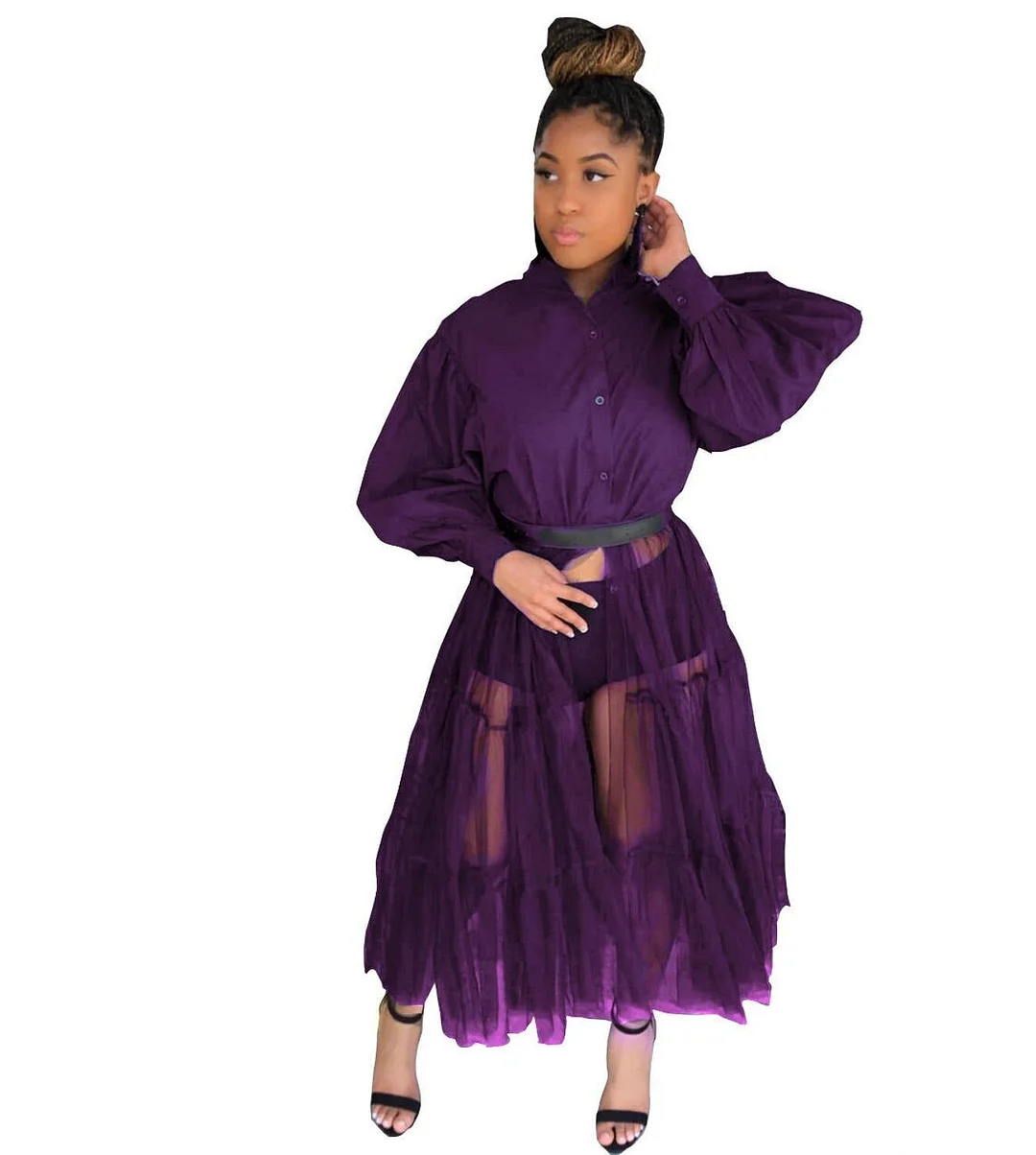 CM.YAYA Women Summer Long Sleeve Maxi Blouses Mesh Patchwork Long Dress Vintage Sexy Club Maxi Dresses