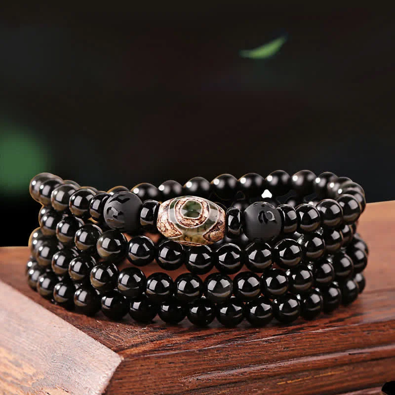 Black Obsidian Dzi Bead Tiger Eye Agate Healing 108 Beads Mala Bracelet