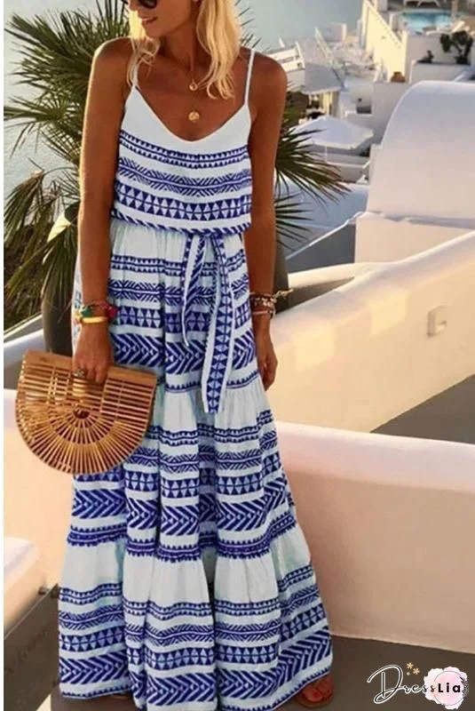 Casual Print Split Joint O Neck Waist Skirt Dresses(8 Colors)