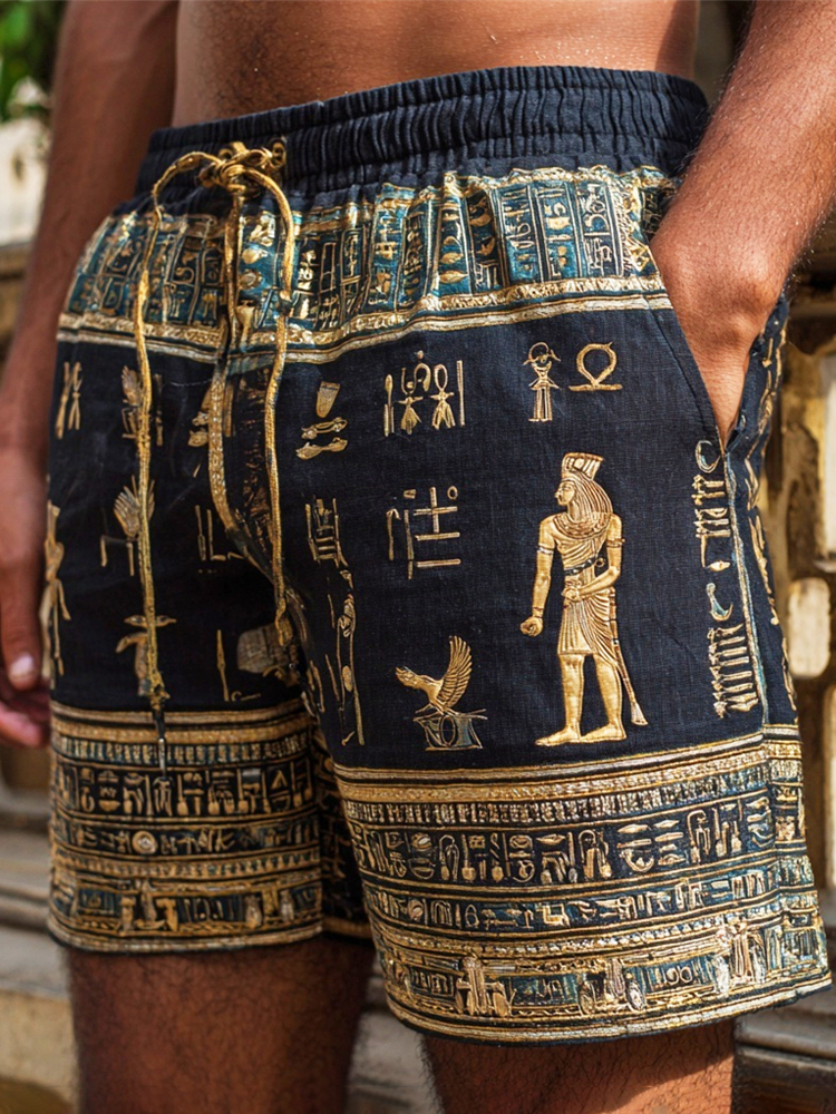 Egyptian Isis God Embroidery Men's Linen Shorts